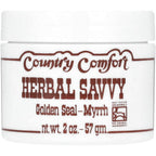 Country Comfort Herbal Savvy Goldenseal Myrrh two ounce jar front view showing natural disinfecting ointment packaging.