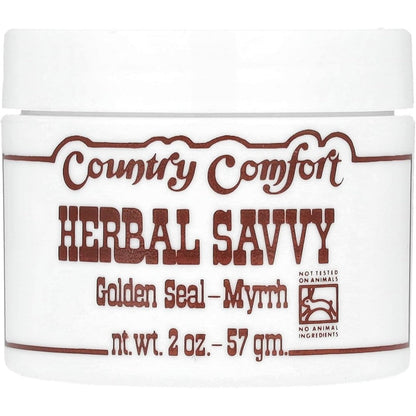 Country Comfort Herbal Savvy Goldenseal Myrrh two ounce jar front view showing natural disinfecting ointment packaging.