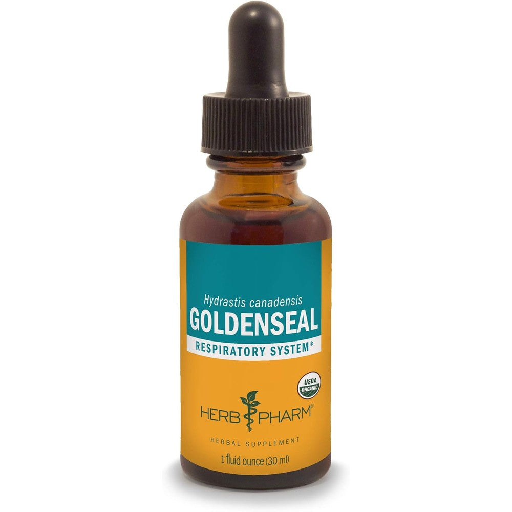 Herb Pharm Certified Organic Goldenseal Liquid Extract 1 Fluid Ounce bottle front view for respiratory support