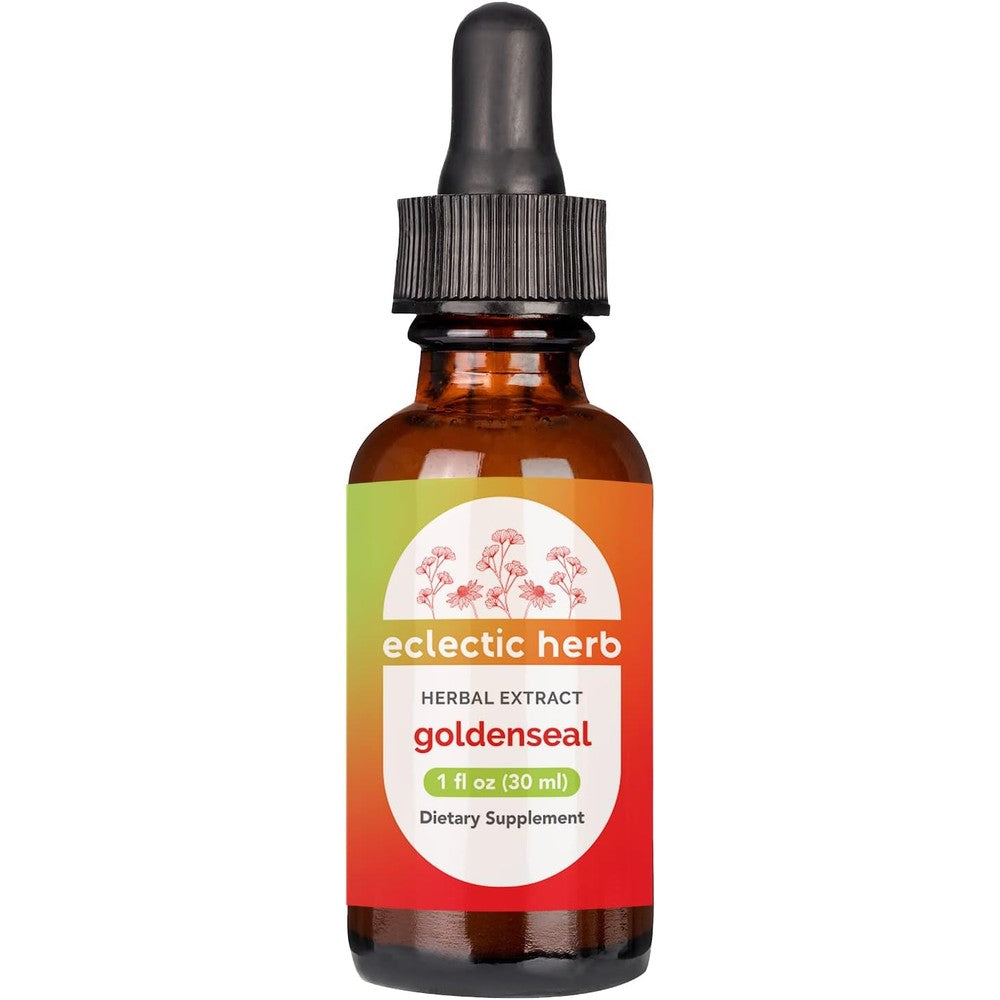 Eclectic Institute Goldenseal Root Tincture 1 Fluid Ounce bottle front view showcasing the premium imported packaging.