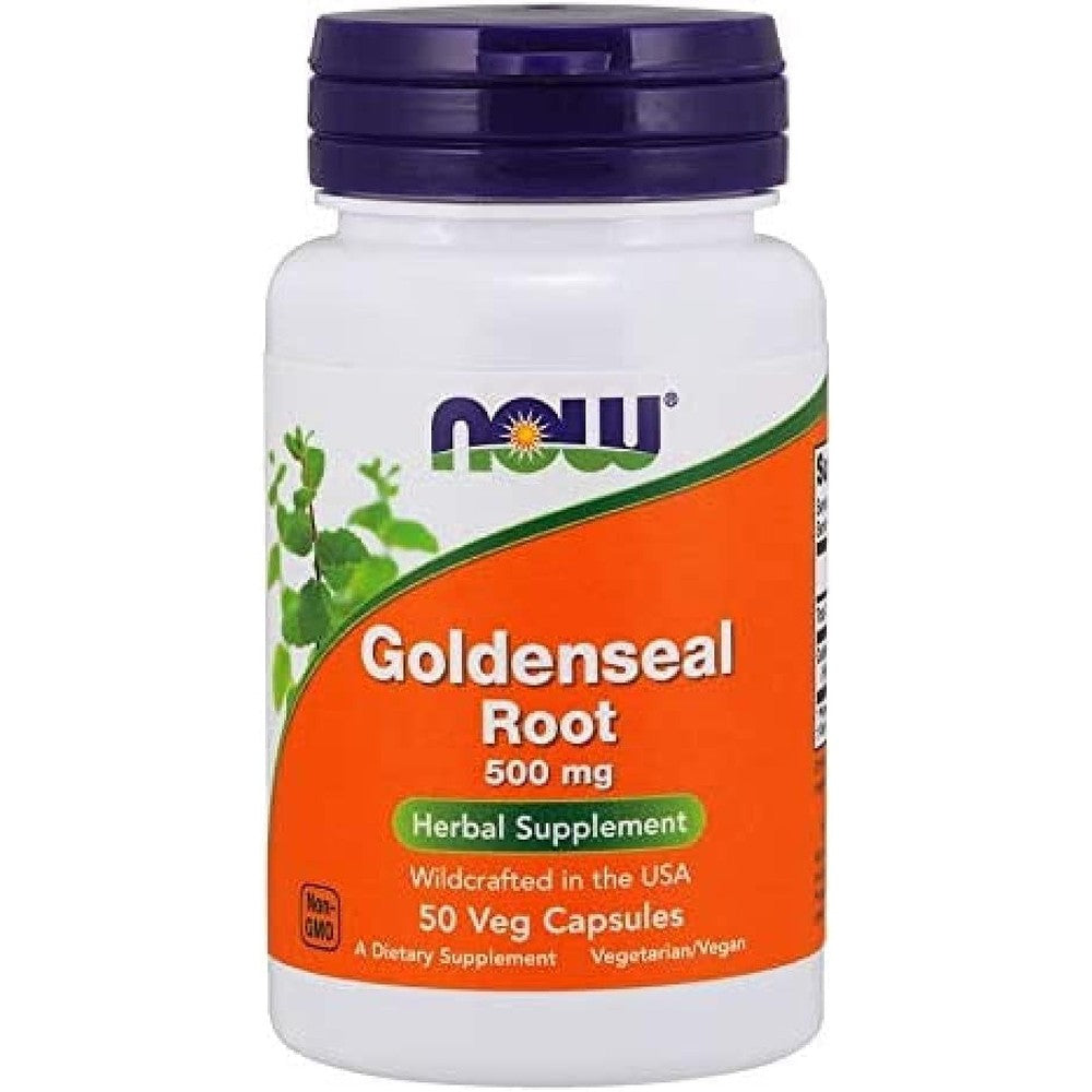 NOW Foods Goldenseal Root 500 Milligrams 50 Vegan Capsules front view bottle