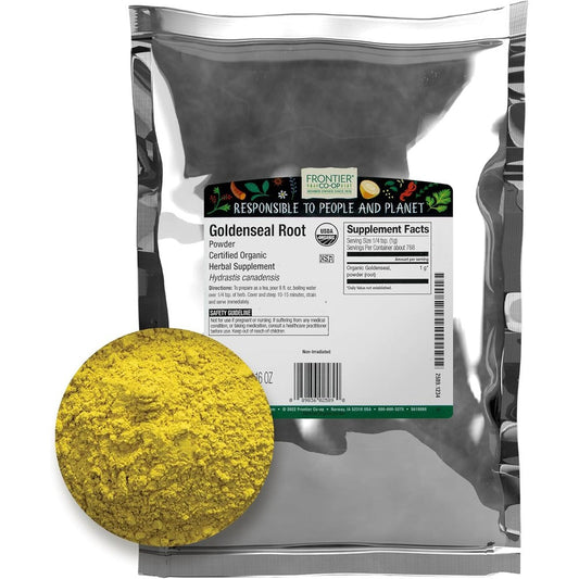 Frontier Co-op Organic Goldenseal Root Powder 4 Ounce front view packaging showing authentic USA imported herbal supplement.