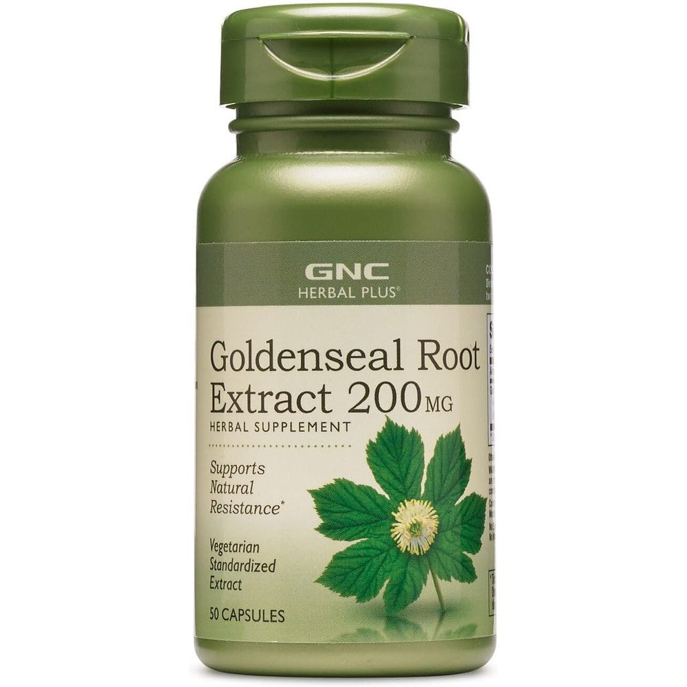 GNC Herbal Plus Goldenseal Root Extract 200mg front view bottle for natural resistance