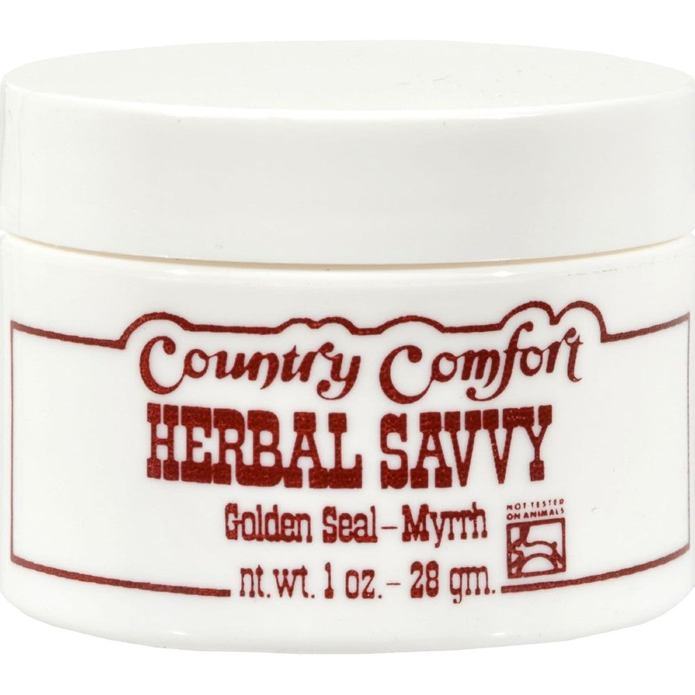 Country Comfort Herbal Savvy Goldenseal and Myrrh Natural Ointment 1 Ounce jar front view showing packaging label