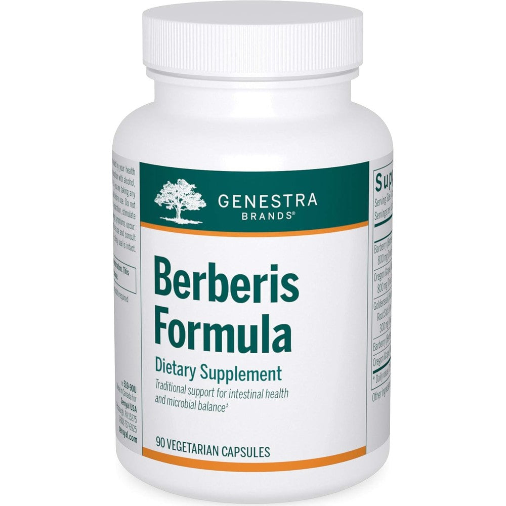 Genestra Brands Berberis Formula 90 Capsules front view showcasing packaging and main ingredient listings.