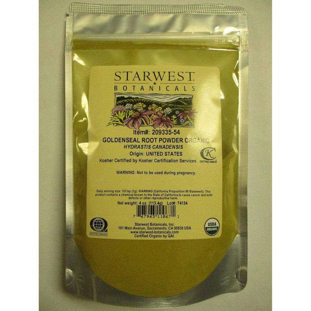 Starwest Botanicals Organic Goldenseal Root Powder 4 Ounces front view packaging.