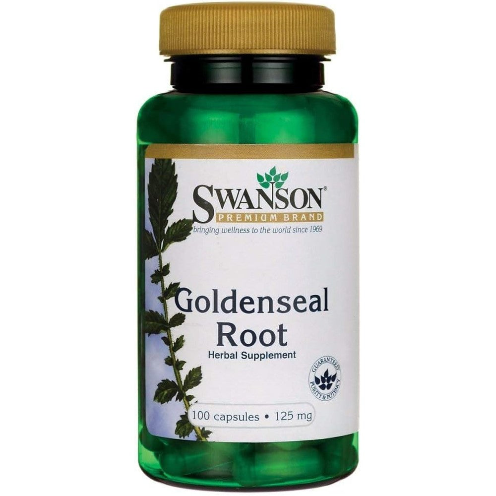 Swanson Goldenseal Root 125mg 100 capsules front view showing authentic imported wellness supplement bottle.