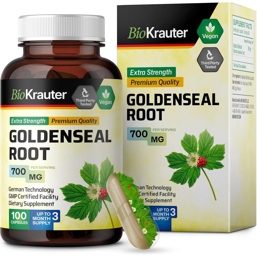 Bio Krauter Goldenseal Root front view bottle of digestive support capsules