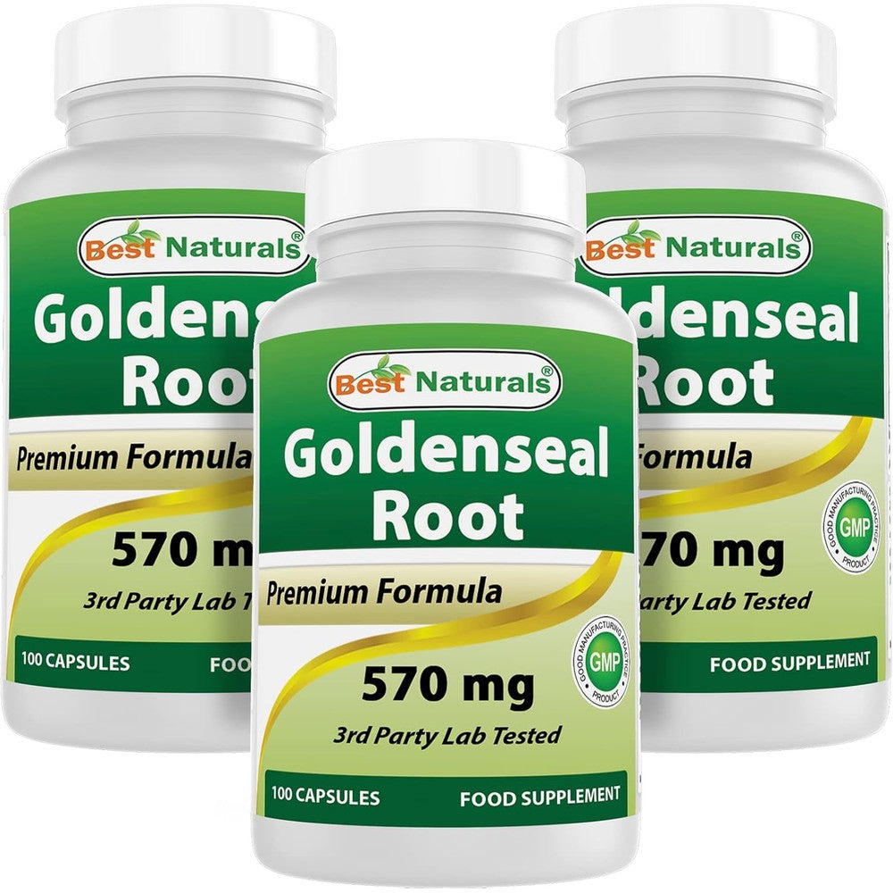 Best Naturals Goldenseal Root Five Hundred Seventy Milligrams One Hundred Capsules front bottle view pack of three