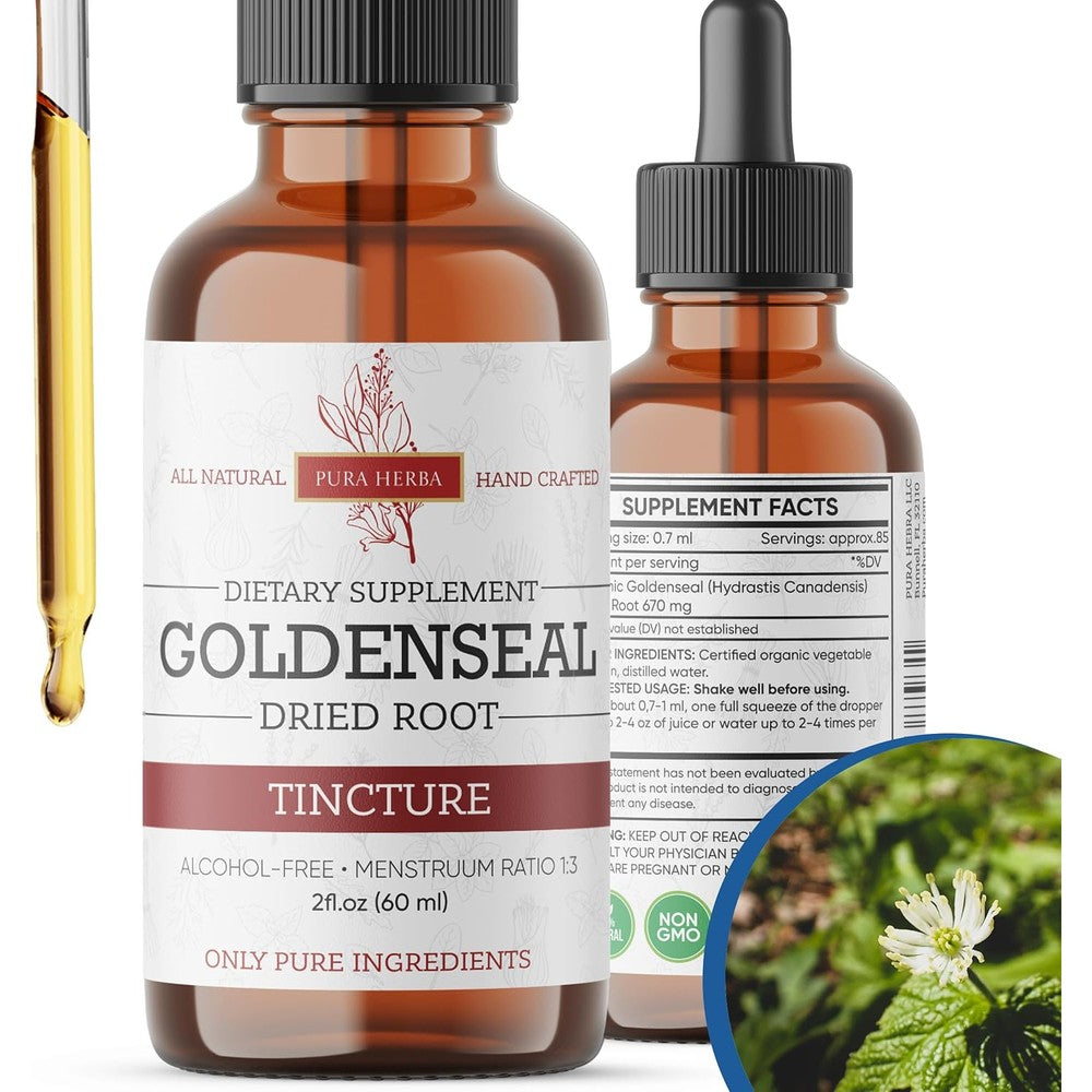 Pura Herba Goldenseal Tincture 60 ml bottle front view showing clean alcohol free liquid root extract label.