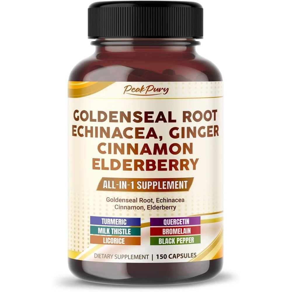 PEAKPURY Goldenseal Root and Echinacea 150 vegan capsules front view bottle for immune support