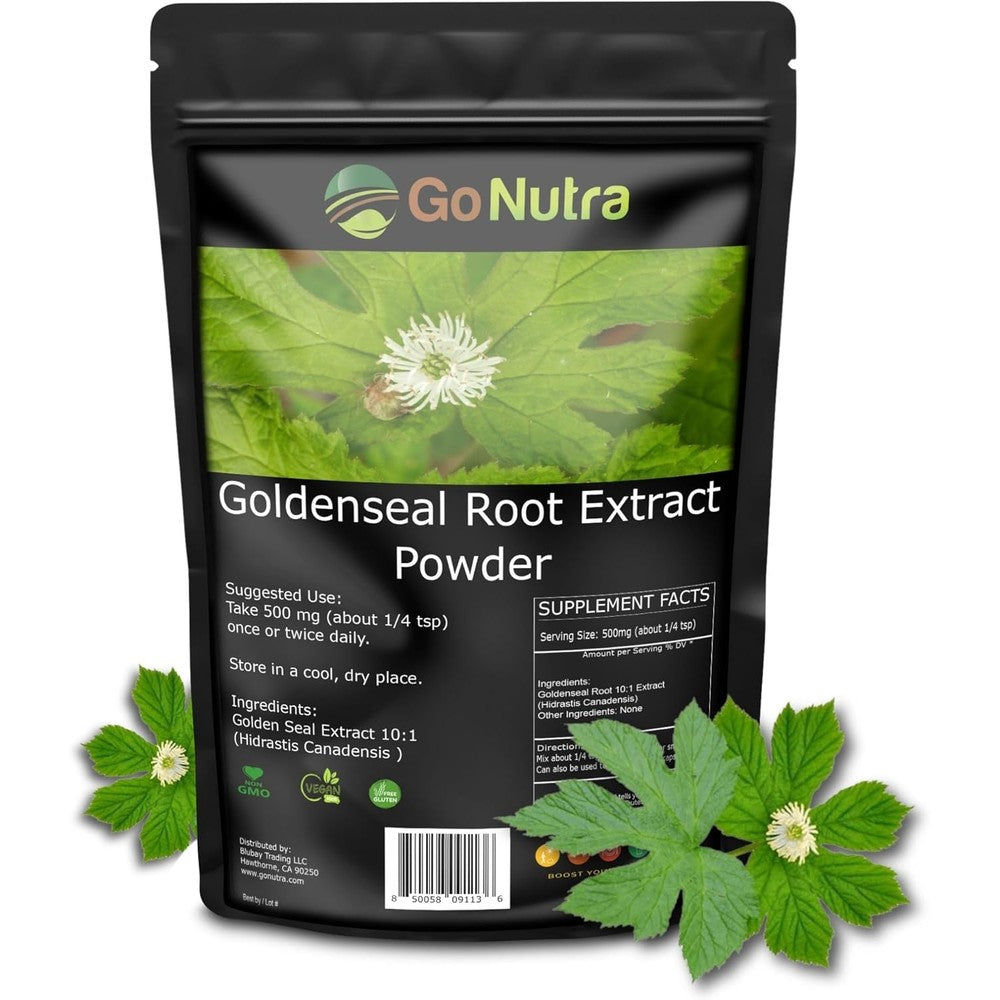 Go Nutra Vinatura Goldenseal Root Extract front view packaging showcasing pure herbal immune supplement.