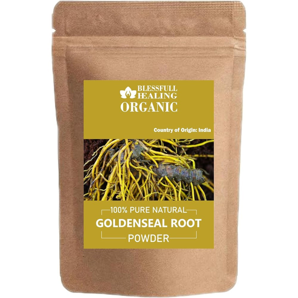 Blessfull Healing Organic Goldenseal Root Powder 100 Gram front view of the sealed brown pouch packaging.