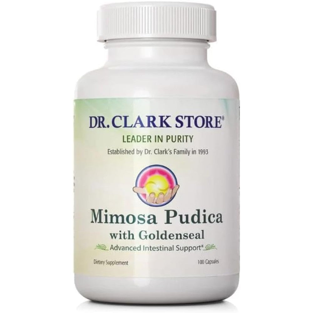 Dr Clark Store Mimosa Pudica and Goldenseal 100 capsules front bottle view for digestive health balance