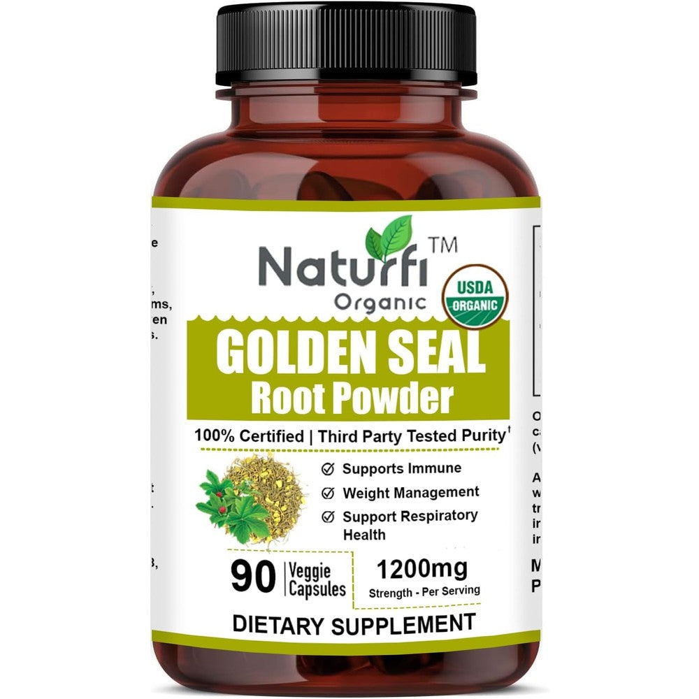 Naturfi Organic Goldenseal Root 90 capsules bottle front view showing USDA Organic seal for authentic immune support.