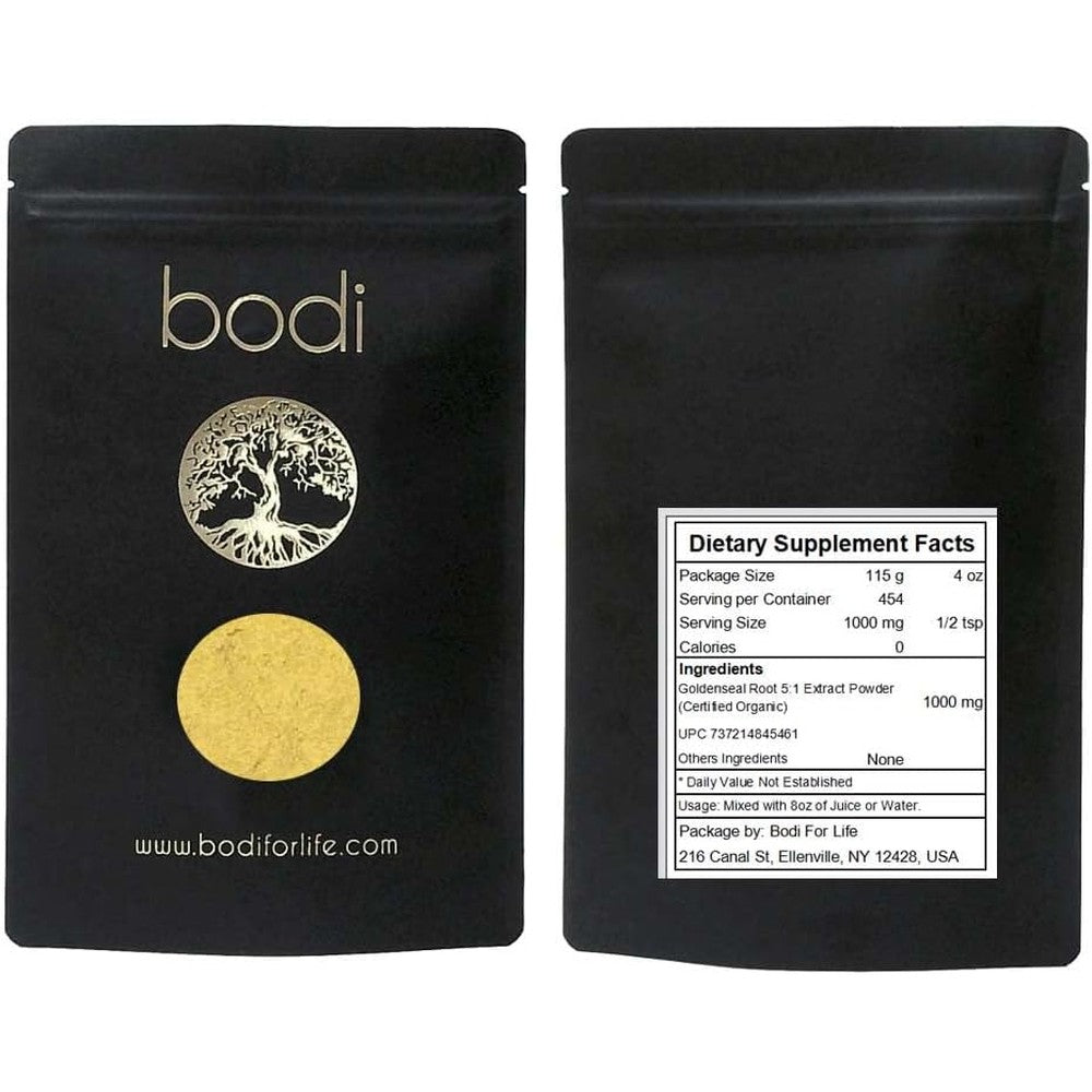 Bodi Goldenseal Root 5:1 Extract Powder front packaging view showcasing the authentic herbal supplement pouch.