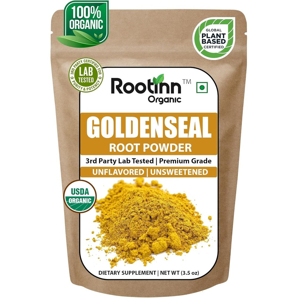 Rootinn Organic Goldenseal Root Powder front view pouch showing organic supplement certification labels.