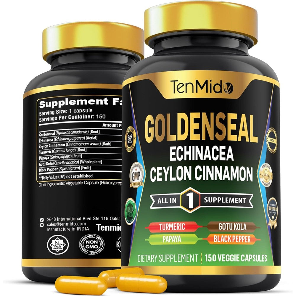 Tenmido Goldenseal Root 7-in-1 digestive health supplement bottle front view showing 150 vegetable capsules.
