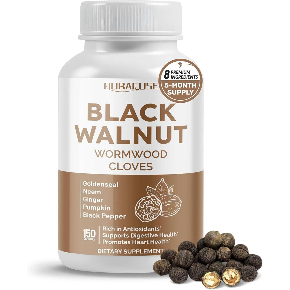 Nurafuse Black Walnut Wormwood Goldenseal Digestive Complex bottle front view showing product packaging.