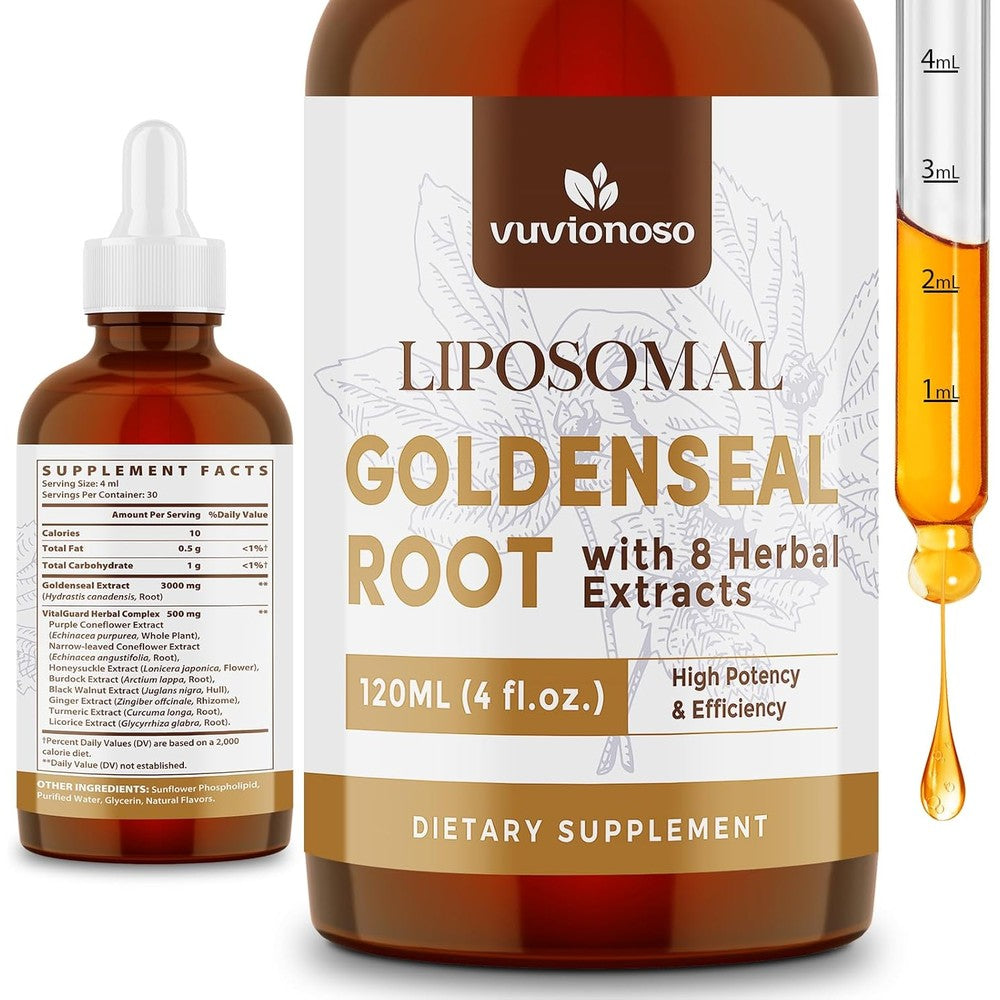HERBILO Vuvionoso Goldenseal Root Extract front view bottle showing 3000mg immune support supplement labels.