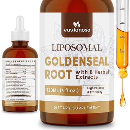 HERBILO Vuvionoso Goldenseal Root Extract front view bottle showing 3000mg immune support supplement labels.
