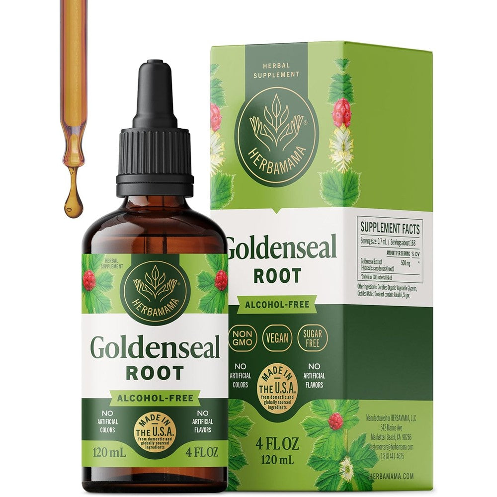 HERBAMAMA Goldenseal Root Tincture four fluid ounce dropper bottle front view