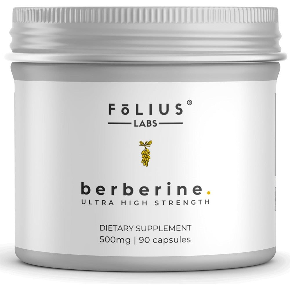 Folius Labs Clean Label Berberine Hydrochloride 90 capsules front view showing premium dietary supplement packaging.