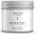 Folius Labs Clean Label Berberine Hydrochloride 90 capsules front view showing premium dietary supplement packaging.