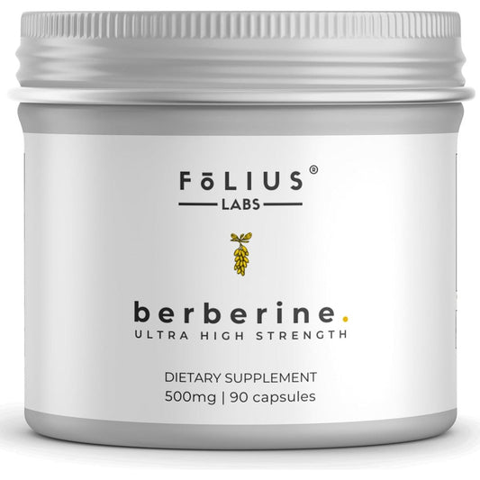 Folius Labs Clean Label Berberine Hydrochloride 90 capsules front view showing premium dietary supplement packaging.