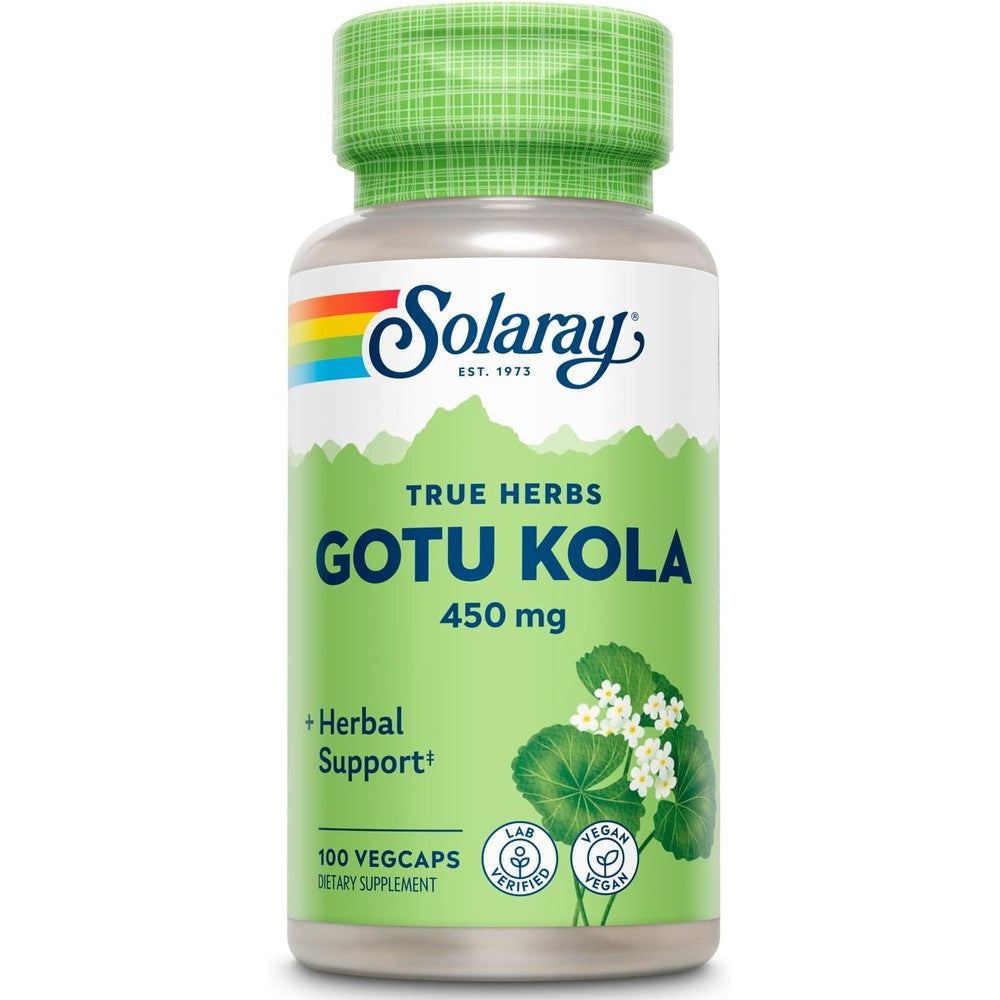 Solaray Gotu Kola 450mg 100 Vegan Capsules front view bottle for herbal cognitive wellness.