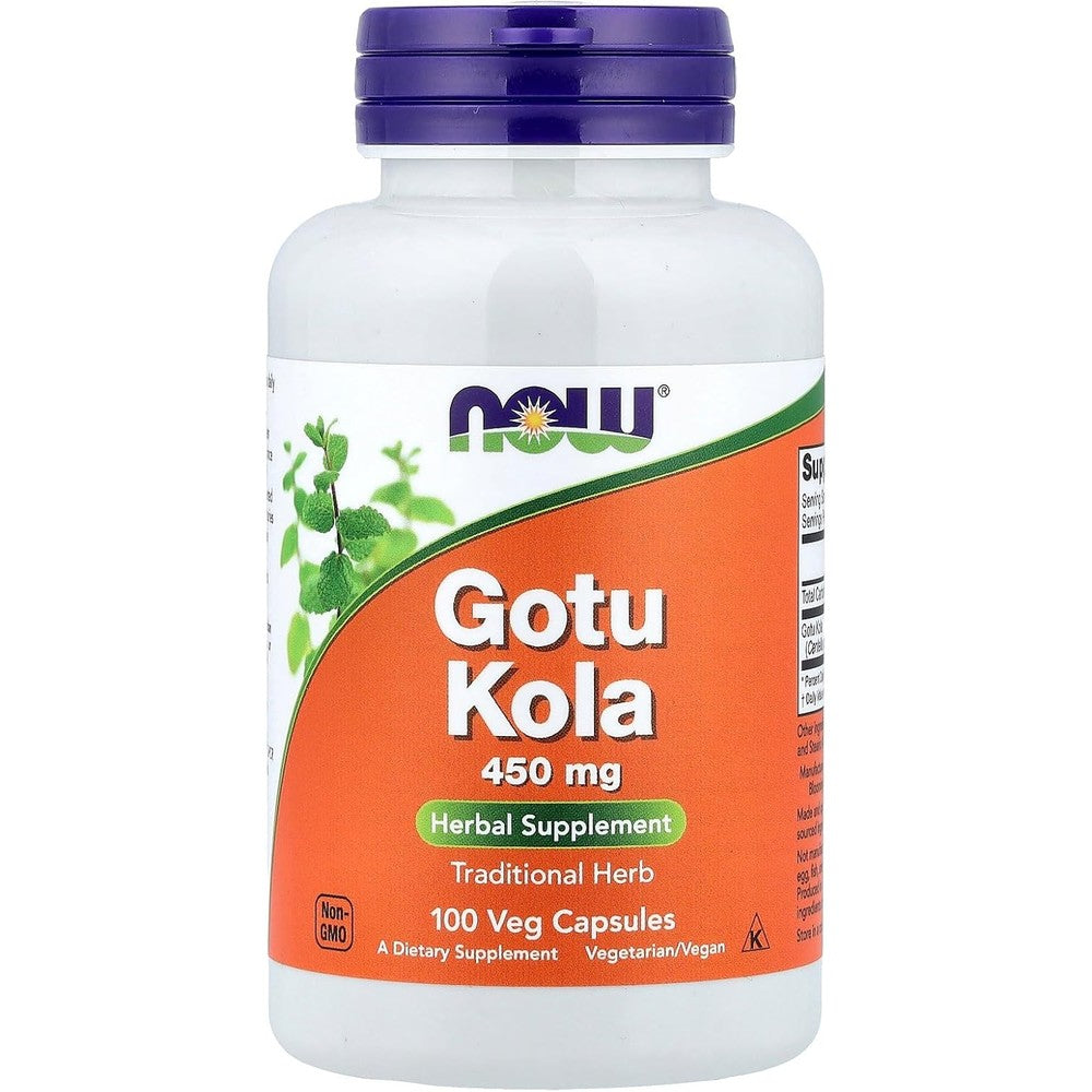 NOW Foods Gotu Kola 450 Milligrams 100 Vegetarian Capsules front bottle view herbal supplement for cognitive health
