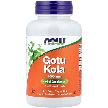 NOW Foods Gotu Kola 450 Milligrams 100 Vegetarian Capsules front bottle view herbal supplement for cognitive health