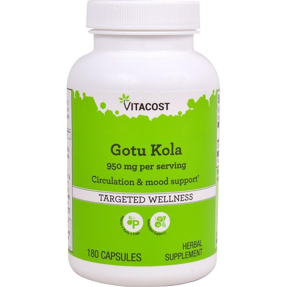 Vitacost Gotu Kola 950mg 180 capsules front view showing premium USA imported herbal supplement bottle