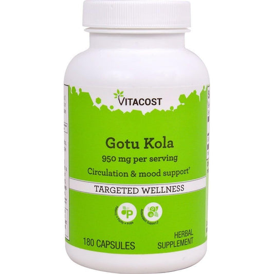 Vitacost Gotu Kola 950mg 180 capsules front view showing premium USA imported herbal supplement bottle