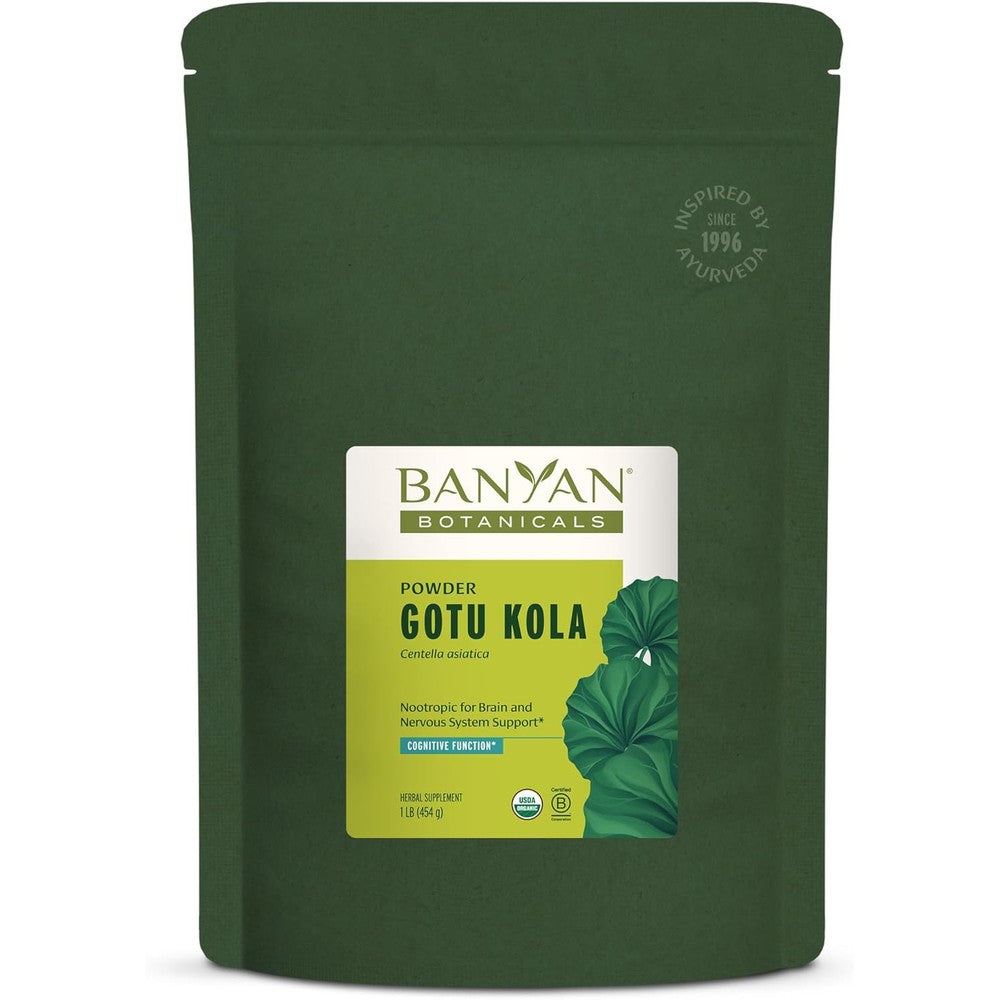 Banyan Botanicals Gotu Kola Powder front view of one pound organic pouch packaging