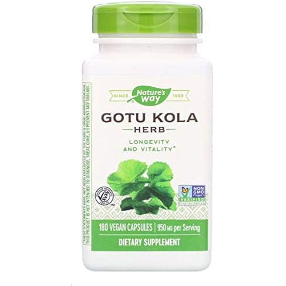 Nature's Way Gotu Kola Herb 950 milligrams 180 capsules front view showing the supplement bottle for longevity support.