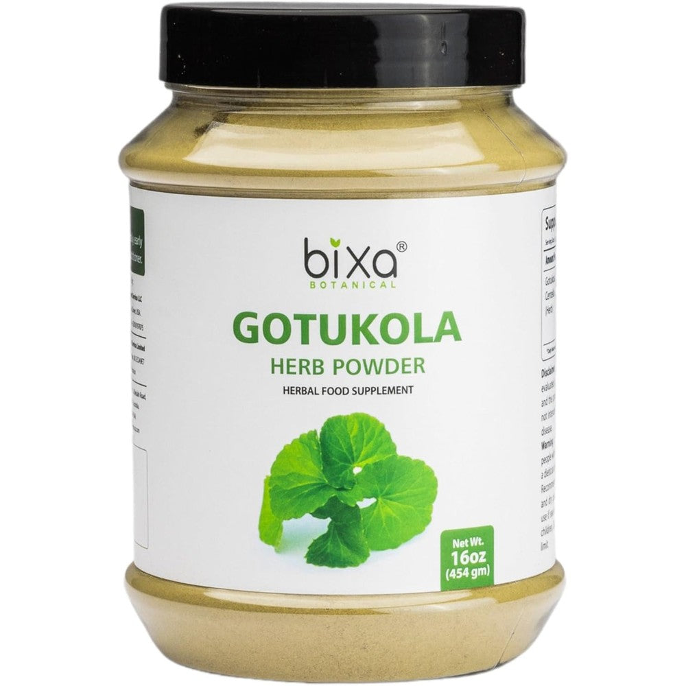 Bixa Botanical Gotu Kola Powder sixteen ounce front view jar showing authentic label details.