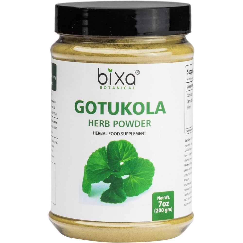 Bixa Botanical Gotu Kola Powder front view of jar packaging for authentic Ayurvedic brain supplement