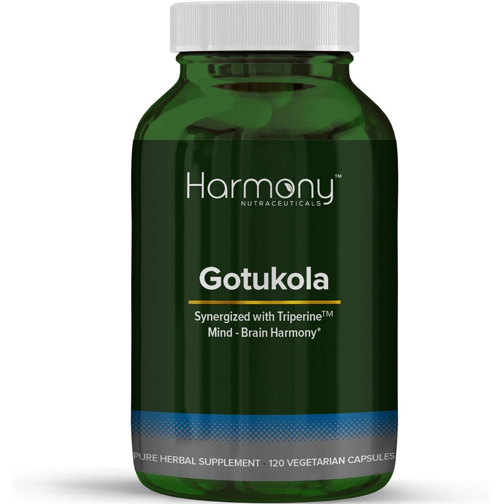 HarmonyVeda Harmony Nutraceuticals Organic Gotu Kola green bottle front view for premium brain health supplements.