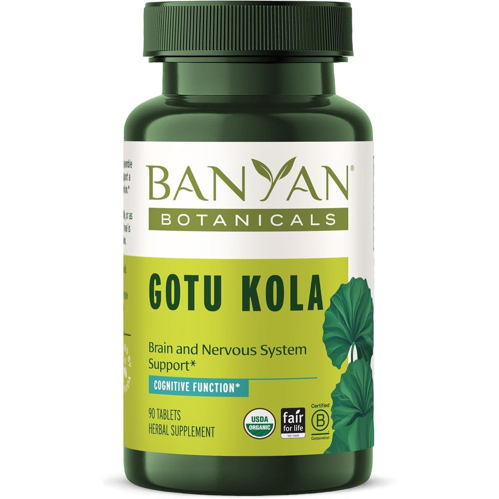 Banyan Botanicals Organic Gotu Kola bottle front view showing ninety tablets nootropic brain supplement