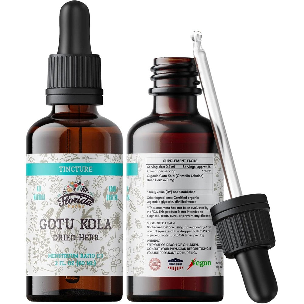 Florida Herbs Organic Gotu Kola Tincture front view of the amber glass bottle with dropper for cognitive wellness.