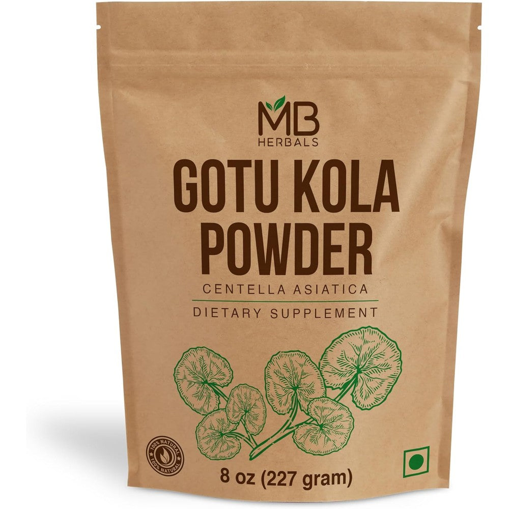 MB Herbals Gotu Kola Powder 227 gram front view pouch packaging of pure Centella asiatica hair supplement