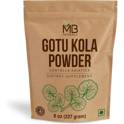 MB Herbals Gotu Kola Powder 227 gram front view pouch packaging of pure Centella asiatica hair supplement