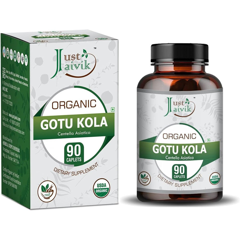 Just Jaivik 100% Organic Gotu Kola 750mg tablets front view bottle for brain wellness.