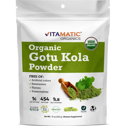 Vitamatic Certified USDA Organic Gotu Kola Powder pouch front view for brain health