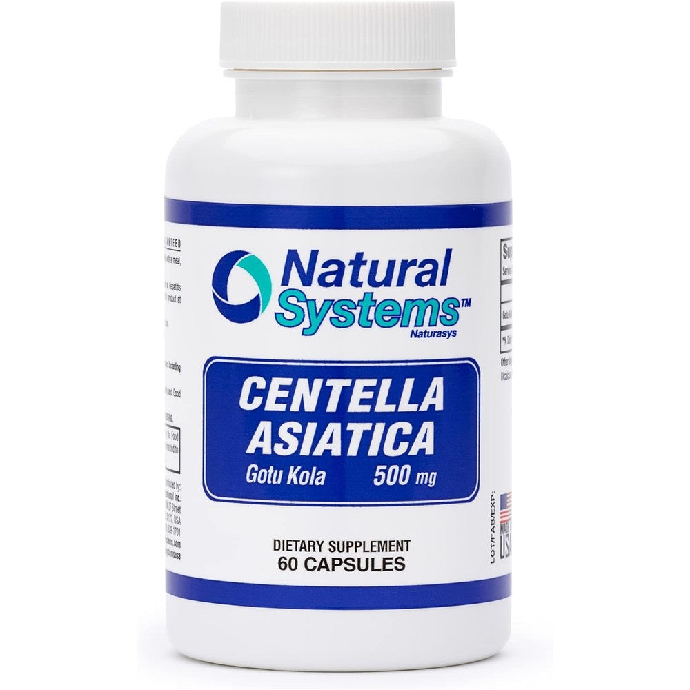 Natural Systems Centella Asiatica 500mg 60 Capsules front bottle view for skin hydration