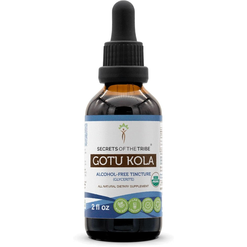 Secrets Of The Tribe Gotu Kola liquid extract bottle front view for authentic organic cognitive support.