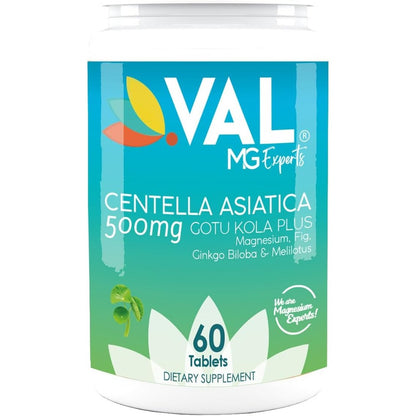 VAL Gotu Kola and Magnesium Citrate vegan tablets front bottle view for concentration support