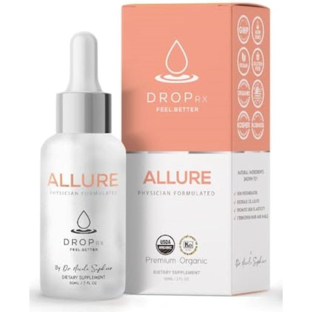 Drop Rx Allure liquid herbal extract supplement bottle front view for hair and nail health.