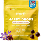 Organifi Happy Drops mood support supplement bag featuring 60 sweet lemon flavor gummies for bliss and energy.